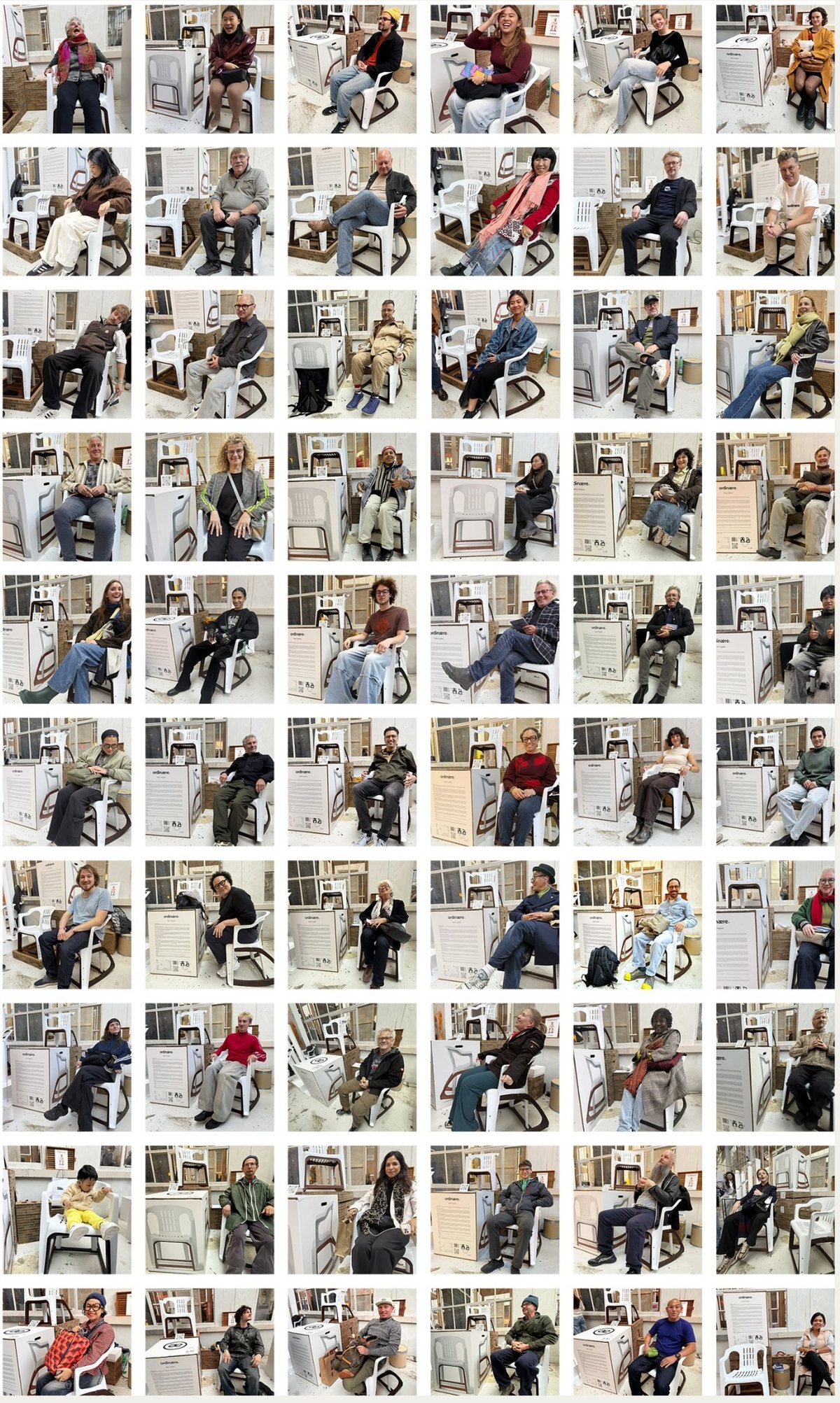 A grid of sixty portraits of visitors sitting on the rocking chair at Dutch Design Week
