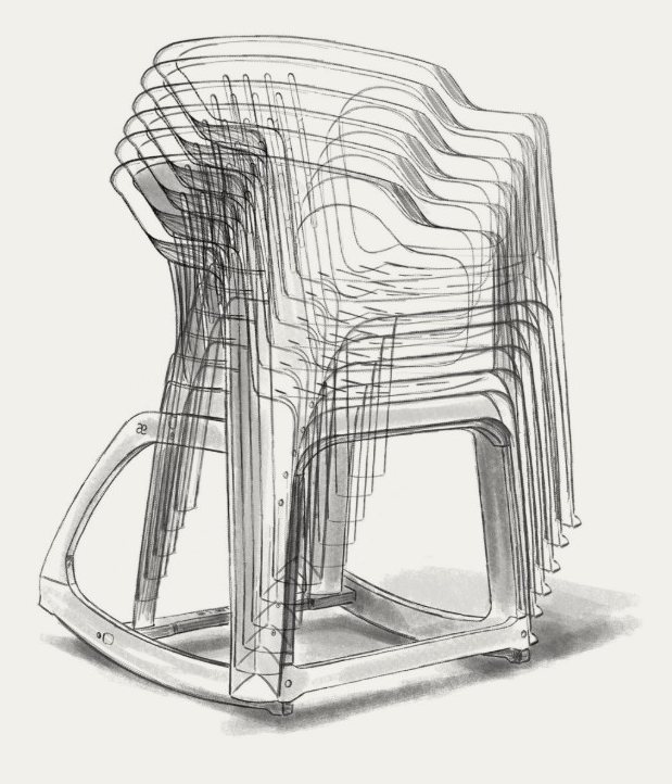 Pencil drawing of many monobloc chairs stacked on a single set of rockers