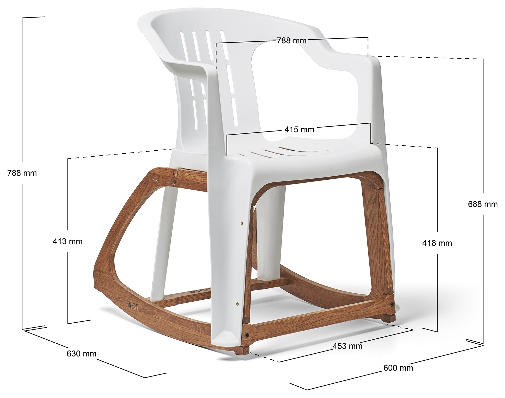Original One photographed in three-quarter view with dimension lines: total height 788 mm, armrest height 688 mm, seat height 413 to 418 mm, seat width 415 mm, width 600 mm, depth 630 mm, rocker width 453 mm