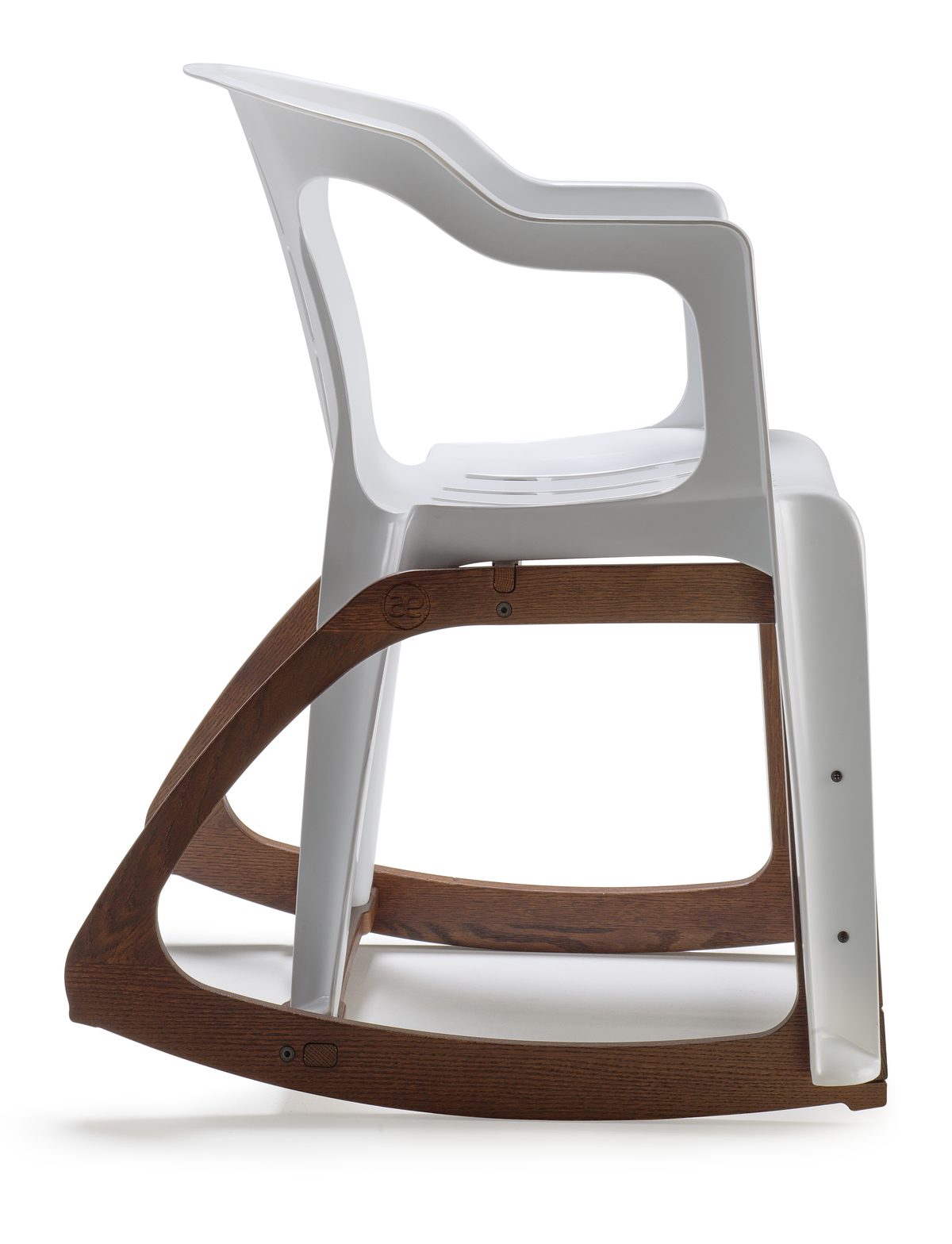 Side view of the chair on its curved oak rockers